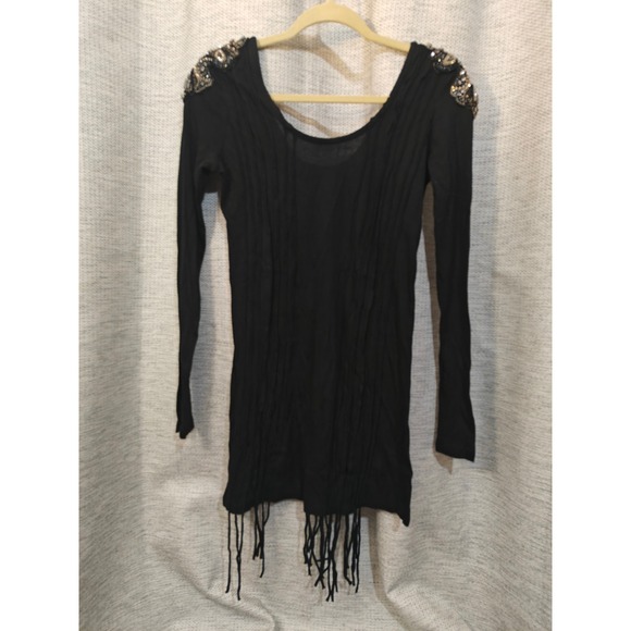 Miss Me Tops - Miss Me Black Long Sleeve Tunic Beaded Shoulder Fringe Hem Cotton Top Size M
